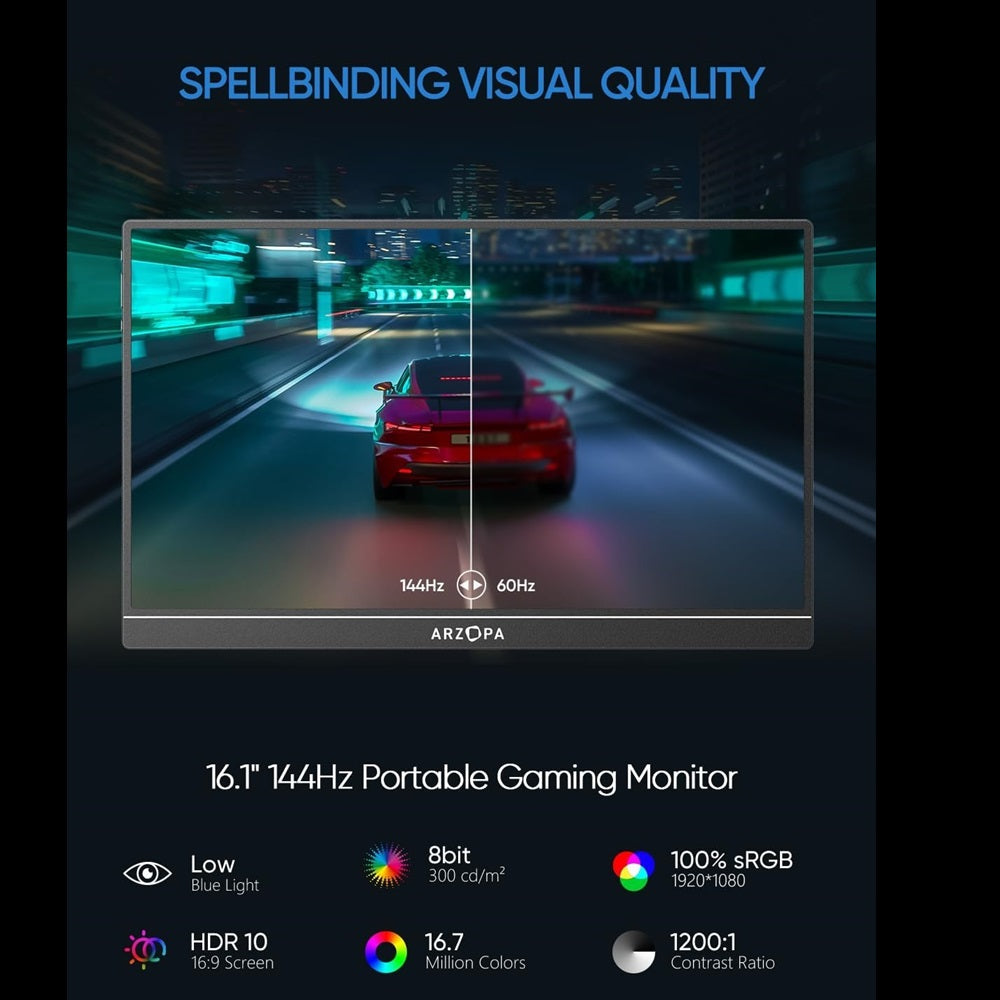 Arzopa Z1FC 144Hz Portable Gaming Monitor 16.1″ IPS Screen Premium Aluminum Design 100% sRGB with HDR Ultra Slim Eye Care for Laptop PC/PS5/Mac/Xbox/Switch Arzopa Z1FC 144Hz Portable Gaming Monitor 16.1″ IPS Screen Premium Aluminum Design 100% sRGB with HDR Ultra Slim Eye Care for Laptop PC/PS5/Mac/Xbox/Switch